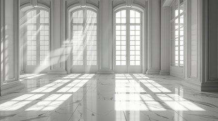 An interior view of an empty room with expansive, floor-to-ceiling windows letting in abundant natural light. The room features a pristine marble floor.の素材