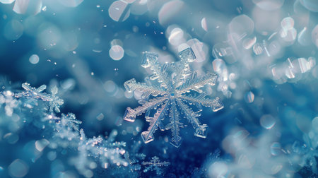 Detailed view of a snowflake, showing its intricate crystalline structure, set against a vibrant blue backdrop.の素材