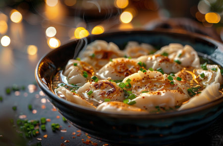 A bowl filled with pasta and peas is placed on top of a wooden table.の素材