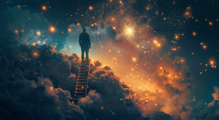 A man is seen standing on a ladder amidst fluffy clouds in the sky.の素材