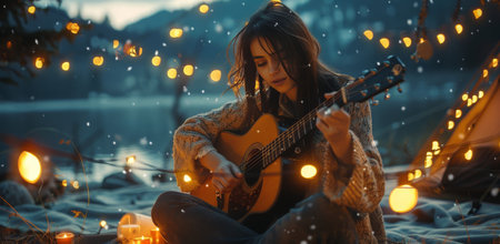 A woman seated on the floor while playing a guitar.の素材
