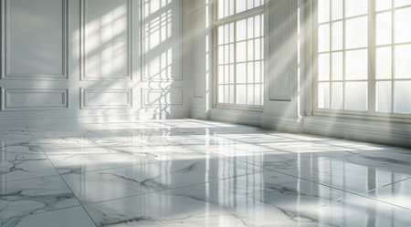 An interior view of an empty room with expansive, floor-to-ceiling windows letting in abundant natural light. The room features a pristine marble floor.の素材