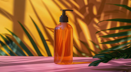 A bottle of soap placed next to a green plant on a wooden table.の素材