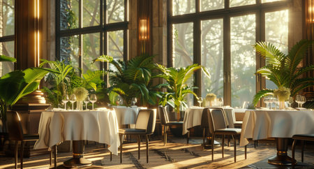 A spacious dining room filled with numerous tables and chairs arranged neatly for guests to sit and enjoy their meals.の素材