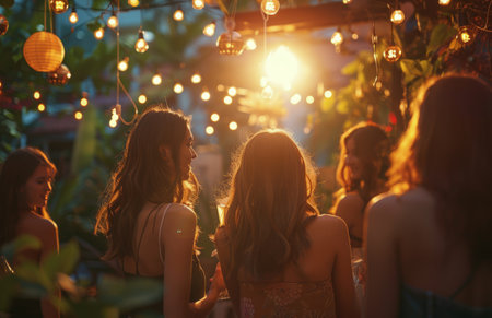 A group of women standing next to each other, talking and smiling in a social setting.の素材
