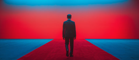 A man is walking down a hallway covered in red carpet.の素材