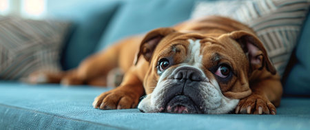 A brown and white dog is comfortably resting on top of a blue couch.の素材