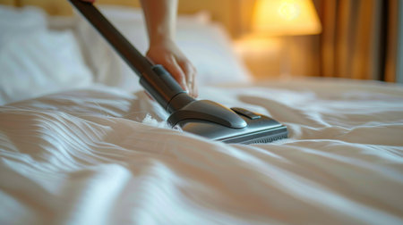 A person is using a vacuum cleaner to clean a bed in a bedroom. The vacuum cleaner is removing dust and debris from the mattress and pillows.の素材