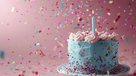 A birthday cake in shades of blue and pink with a lit candle on top, surrounded by colorful confetti.の素材