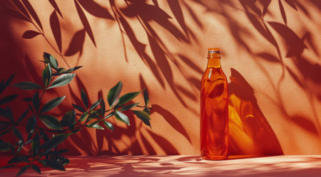A bottle of orange juice is placed beside a green plant, creating a simple yet refreshing scene.の素材
