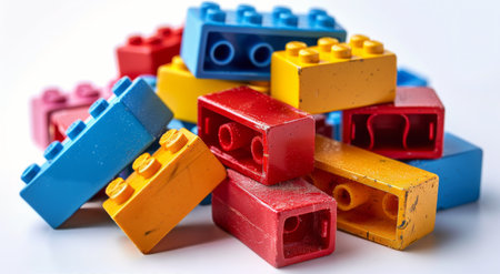 A pile of colorful lego blocks sitting on top of each other in a playful arrangement.の素材