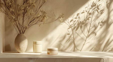 A simple vase filled with colorful flowers placed on a wooden shelf.の素材