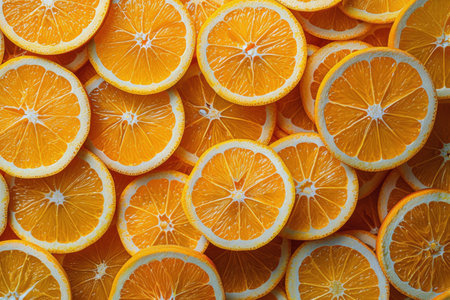 Collection of orange slices cut in half, showing vibrant pulp and distinct segments.の素材