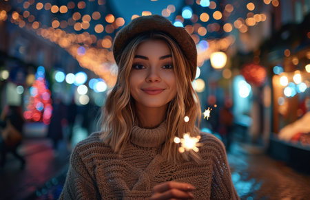 A woman holds a sparkler in her hand, creating a dazzling light against the dark background.の素材