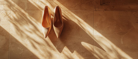 Two shoes placed neatly on top of a bed in a bedroom setting.の素材