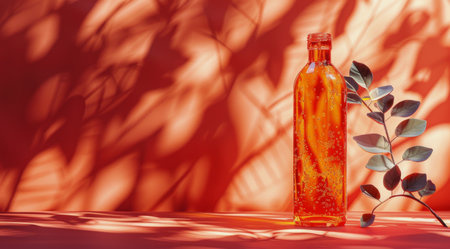 A bottle of orange juice is placed beside a green plant, creating a simple yet refreshing scene.の素材