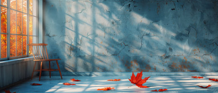 A wooden chair sits on the floor near a window, basking in natural light.の素材