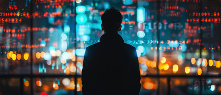 A man stands in front of a bright wall of lights, casting a shadow on the ground.の素材