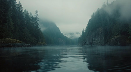 A body of water surrounded by towering mountains blanketed in fog.の素材