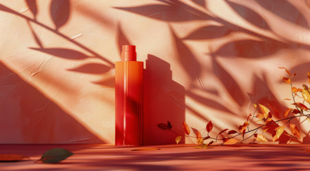 A bottle of orange liquid placed beside a green plant in a simple setting.の素材