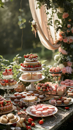 A variety of pastries and desserts displayed on a tabletop.の素材
