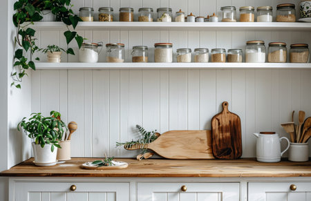 A kitchen featuring white cabinets and wooden counter tops. The space is bright and inviting, with a modern yet cozy feel.の素材