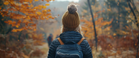 A person with a backpack walking through a dense forest, surrounded by tall trees, bushes, and greenery.の素材