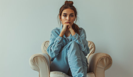 A woman is seated in a chair, her hand resting thoughtfully on her chin as she contemplates.の素材