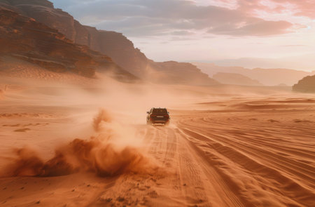 A truck moves through a desert landscape with towering mountains in the distance under a clear sky.の素材