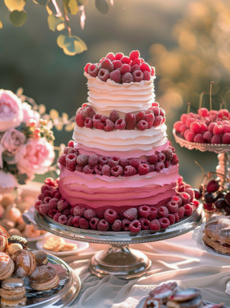 A cake topped with fresh raspberries.の素材