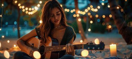 A woman sitting and playing a guitar in front of a string of lights, creating a cozy and intimate atmosphere.の素材