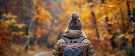 A woman wearing a blue jacket is walking through a dense forest surrounded by tall trees and green foliage.の素材