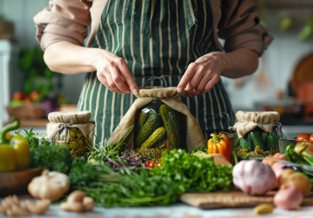 A woman wearing an apron is carefully placing pickles into glass jars.の素材