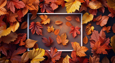 A square frame surrounded by vibrant autumn leaves, showing the colors and beauty of the fall season.の素材