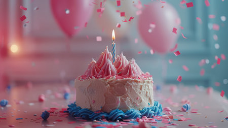 A colorful birthday cake with lit candles surrounded by balloons and confetti, ready for a celebration.の素材
