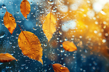 Several green, brown, and yellow leaves are clustered on a window, blocking some sunlight from filtering through.の素材