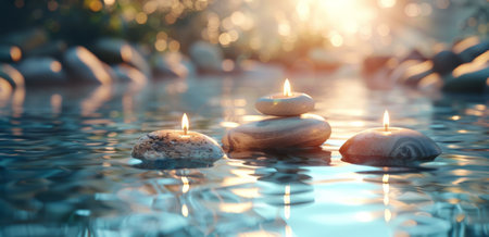 A candle placed on top of a mound of rocks, creating a simple yet striking contrast between the delicate flame and rough stone textures.の素材