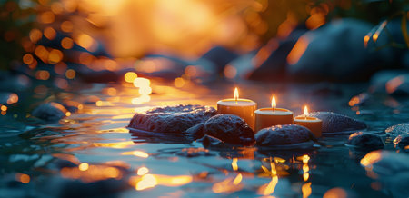 A candle placed on top of a mound of rocks, creating a simple yet striking contrast between the delicate flame and rough stone textures.の素材