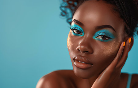 A woman with striking blue makeup stands out with her bright blue eyes.の素材