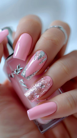 Close-up of a womans hand gracefully holding a bottle of nail polish.の素材