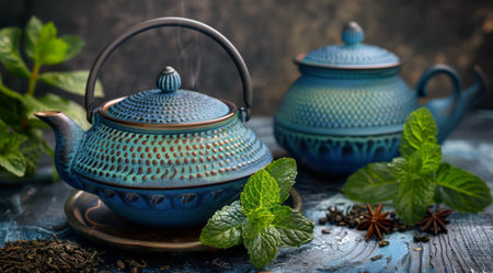 A tea pot and two cups arranged neatly on a table.の素材