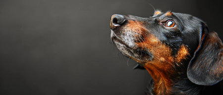 A black and brown dog standing on the ground, gazing up at the sky with curiosity and alertness.の素材