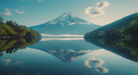 A mountain is mirrored in the calm waters of a lake.の素材