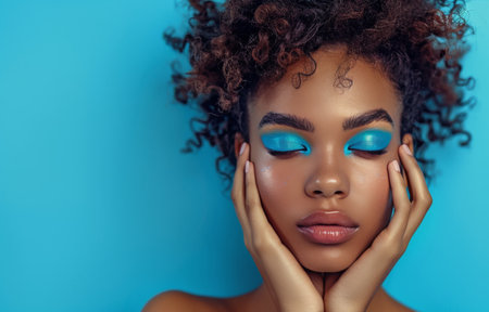 A close-up view of a woman with striking blue makeup, showing intricate details and vibrant colors on her face.の素材