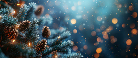 A detailed view of a pine tree with soft, out-of-focus lights in the background.の素材