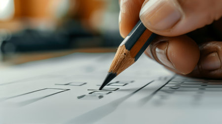 A person sitting at a desk, focused on writing with a pencil on a sheet of paper.の素材