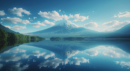 A mountain is mirrored in the calm waters of a lake.の素材