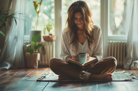 A woman is seated on the floor, holding a cup of coffee in her hands.の素材