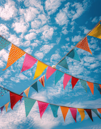 Multiple flags of various countries waving in the air during an event or celebration.の素材