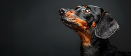 A black and brown dog standing on the ground, gazing up at the sky with curiosity and alertness.の素材